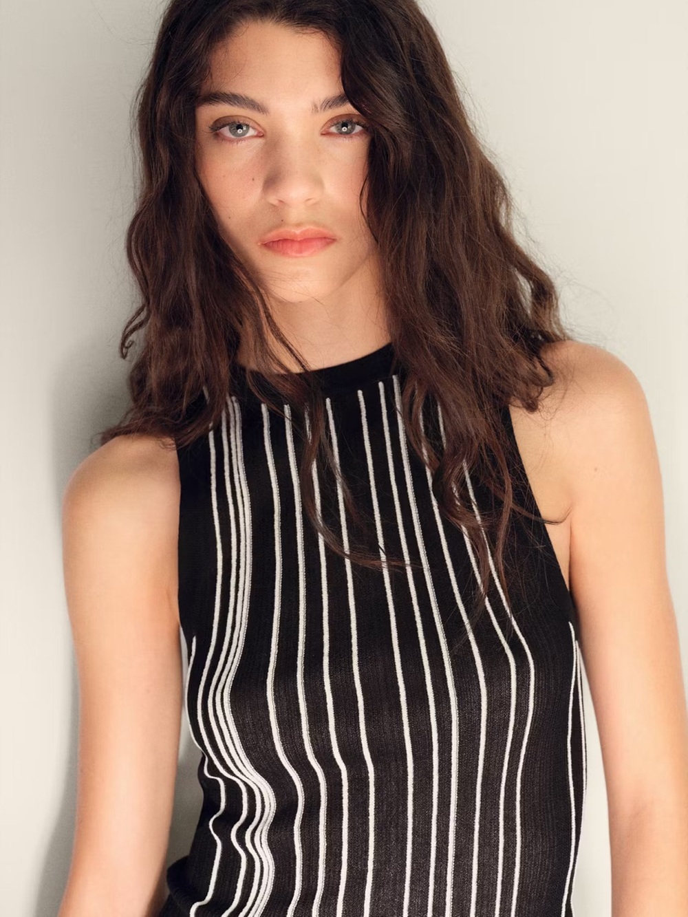 Mango Black and White Vertical Stripe Knit Tank Top